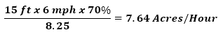 Equation showing 15 feet multiplied by 6 miles per hour and 70% field efficiency, divided by 8.25, resulting in 7.64 acres per hour.